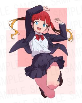 1girl asukagawa_chise blue_eyes commentary_request gridman_universe highres kamidan long_hair looking_at_viewer mole mole_under_mouth multicolored_hair official_art open_mouth red_hair sample_watermark school_uniform skirt smile solo ssss.dynazenon twintails watermark