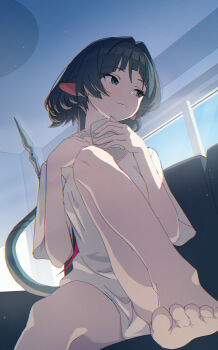 1girl absurdres animal_ears barefoot black_eyes black_hair closed_mouth commentary_request cup highres holding holding_cup indoors jane_doe_(zenless_zone_zero) looking_to_the_side mouse_ears mouse_girl shirt sitting smile solo tail toes white_shirt window yanagino_(yanagino3) zenless_zone_zero