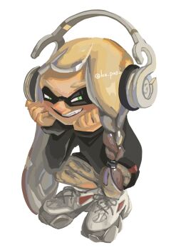 1girl black_shirt braid brown_hair chrouching commentary_request hands_on_own_face headphones highres inkling inkling_girl inkling_player_character ka_pus long_hair long_sleeves nintendo shirt shoes simple_background smile splatoon_(series) splatoon_3 squinting tagme tentacle_hair white_background