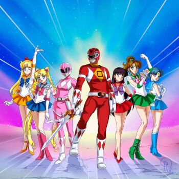 aino_minako arm_up bishoujo_senshi_sailor_moon blonde_hair blue_eyes blue_hair bodysuit brown_hair closed_eyes crossover drachea_rannak earrings gloves green_eyes heart helmet hino_rei jewelry kimberly_ann_hart kino_makoto long_hair magical_girl mighty_morphin_pink_ranger mighty_morphin_power_rangers mighty_morphin_red_ranger miniskirt mizuno_ami multiple_girls one_eye_closed ponytail power_rangers ptera_ranger purple_hair rocky_desantos saban_entertainment sailor_jupiter sailor_mars sailor_mercury sailor_moon sailor_venus short_hair short_sleeves skirt sword tsukino_usagi tyranno_ranger very_long_hair weapon wink