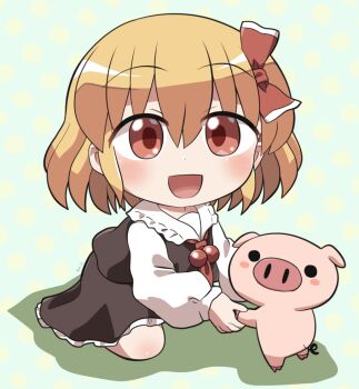 1girl :d ascot black_skirt black_vest blonde_hair blush chibi chibi_only collared_shirt commentary_request frilled_skirt frills full_body green_background hair_between_eyes hair_ribbon long_sleeves looking_at_viewer open_mouth pig polka_dot polka_dot_background red_ascot red_eyes red_ribbon ribbon rokugou_daisuke rumia shirt short_hair signature sitting skirt skirt_set smile solo touhou vest white_shirt