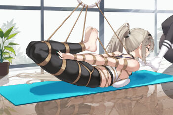 2girls absurdres arms_behind_back artist_request azur_lane bdsm black_pants blonde_hair bondage bound bound_arms bound_legs breasts clenched_teeth closed_eyes collar commentary_request highres hogtie indoors long_hair medium_breasts multiple_girls open_mouth painleve_(azur_lane) pants plant ponytail potted_plant restrained shibari shibari_over_clothes tank_top teeth window yoga yoga_mat