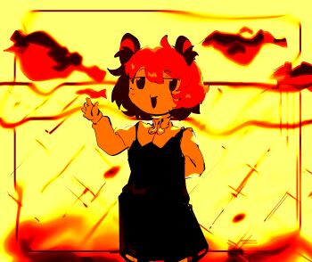 1girl absurdres animal_ears arm_behind_back chain-link_fence commentary_request cookie_(touhou) cowboy_shot dress fence highres ishizaki_(ishizaki100) long_sleeves looking_at_viewer monochrome mouse_ears mouse_girl nazrin nyon_(cookie) open_mouth orange_theme pinafore_dress short_hair sleeveless sleeveless_dress smile solo touhou waving