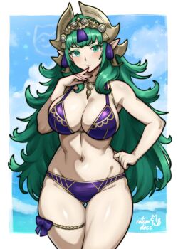 1girl absurdres alternate_costume armpits artist_name bare_arms bare_shoulders bikini blue_sky bow breasts cloud collarbone commentary commission cowboy_shot curvy english_commentary finger_to_mouth fire_emblem fire_emblem:_fortune's_weave gluteal_fold green_eyes green_hair hand_on_own_hip hand_up highres ko-fi_commission large_breasts light_blush long_hair looking_at_viewer navel nintendo ocean outdoors purple_bikini purple_bow rotomdocs sideboob signature skindentation sky solo sothis_(adult)_(fire_emblem) sothis_(fire_emblem) standing stomach swimsuit thick_thighs thigh_bow thigh_strap thighs very_long_hair