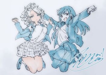 Rule 34 | 2girls, black jacket, black necktie, black pantyhose, black skirt, blazer, breasts, commentary request, curly hair, food court de mata ashita, highres, jacket, large breasts, long hair, long sleeves, looking at viewer, midair, multiple girls, nariie shin'ichirou, necktie, open mouth, outstretched arms, pantyhose, plaid clothes, plaid skirt, pleated skirt, shirt, skirt, smile, wada (food court), white hair, white shirt, white skirt, yamamoto (food court)