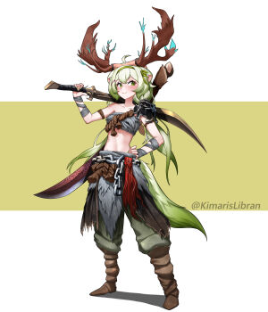 absurdres ahoge animal_ears antlers armor bandaged_arm bandages elden_ring ferret_ears ferret_girl ferret_tail green_eyes green_hair green_tail highres horns indie_virtual_youtuber kimarislibran laimu_(vtuber) shoulder_armor sword virtual_youtuber weapon white_hair