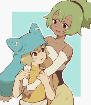 Rule 34 | 1boy, 1girl, age difference, amalia sheran sharm, animal hat, bare shoulders, blue hat, brown eyes, dark-skinned female, dark skin, detached sleeves, green hair, hair between eyes, hat, hetero, highres, light brown hair, onee-shota, open mouth, ponytail, simple background, sleeveless, wakfu, yomo (yomooo1313), yugo (wakfu)