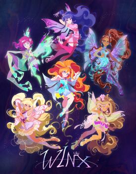 6+girls absurdly_long_hair aisha_(winx_club) arm_ribbon arm_up artist_name asian asymmetrical_hair blonde_hair bloom_(winx_club) blue_background blue_eyes blue_hair blue_leotard blue_ribbon blue_shoes blue_wings blunt_bangs brown_eyes brown_hair butterflix butterfly_wings closed_mouth copyright_name dark-skinned_female dark_skin dress fairy fairy_wings flats floating flora_(winx_club) frilled_dress frills full_body hair_between_eyes hair_bun hand_in_own_hair hand_on_own_knee hand_on_own_shoulder happy high_heels high_ponytail highres insect_wings leotard libbly_libby light_particles long_hair magical_girl multicolored_hair multiple_girls musa_(winx_club) number_tattoo orange_dress orange_hair orange_pantyhose pantyhose pink_hair pink_wings ponytail purple_dress purple_pantyhose ribbon shoes short_dress shoulder_tattoo simple_background single_hair_bun sirenix smile stella_(winx_club) stiletto_heels streaked_hair striped_clothes striped_pantyhose tattoo tecna_(winx_club) two-tone_dress two_side_up very_long_hair wavy_hair wings winx_club yellow_shoes