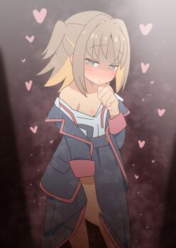 1girl bare_legs bare_shoulders black_jacket black_skirt blush brown_hair collarbone colored_inner_hair commentary ear_blush flat_chest green_eyes hair_intakes heart heart-shaped_pupils highres jacket loli long_skirt long_sleeves looking_at_viewer medium_hair multicolored_hair neck_ribbon nipples no_bra nose_blush off_shoulder oka_asahi okaasan_(okaasandx) onii-chan_wa_oshimai! open_clothes open_jacket open_shirt orange_hair ribbon school_uniform shaded_face shirt simple_background skirt skirt_hold solo star-shaped_pupils star_(symbol) steaming_body suspender_skirt suspenders symbol-shaped_pupils two-tone_hair two_side_up undone_neck_ribbon white_shirt yotsuba_university_affiliated_junior_high_school_uniform