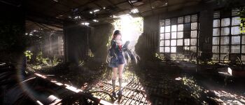 1girl absurdres black_choker black_hair black_jacket black_serafuku black_shirt black_shoes black_skirt black_socks breasts chisa_(wuthering_waves) choker commentary_request hair_ribbon highres holding huochai_xie_msc indoors jacket loafers long_hair medium_breasts neckerchief red_neckerchief red_ribbon ribbon romaji_commentary sailor_collar school_uniform serafuku shirt shoes skirt socks solo standing white_sailor_collar wide_shot wuthering_waves