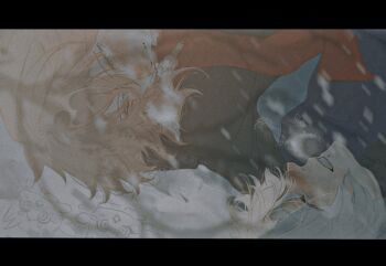 2boys black_sweater blonde_hair blush braid closed_eyes commentary facial_tattoo gradient_hair highres honkai:_star_rail honkai_(series) looking_at_another lying male_focus medium_hair multicolored_hair multiple_boys mydei_(honkai:_star_rail) on_back phainon_(honkai:_star_rail) red_hair red_scarf red_tattoo scarf short_hair side_braid snowing sweater symbol-only_commentary tattoo trl1oa white_hair yaoi yellow_eyes