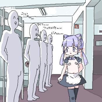 1girl 4boys :o ^_^ ^q^ animal_ear_hairband animal_ears apron arm_at_side arm_behind_back arms_behind_back bandaid bandaids_on_nipples bed black_skirt black_sleeves black_thighhighs blunt_bangs blush bow bowtie bunk_bed cat_ear_hairband cat_ears clone closed_eyes donut fake_animal_ears flat_chest food full_metal_jacket glaring hair_ribbon hairband holding holding_behind_back holding_food indoors legs_together lineup lokulo-chan_(lokulo_no_mawashimono) lokulo_no_mawashimono loli long_hair looking_at_another looking_to_the_side low_twintails lowres multiple_boys navel open_mouth original parody pasties puffy_short_sleeves puffy_sleeves purple_bow purple_bowtie purple_eyes purple_hair red_ribbon ribbon scene_reference short_sleeves shrug_(clothing) skirt standing standing_at_attention thighhighs topless_female twintails v-shaped_eyebrows waist_apron walking