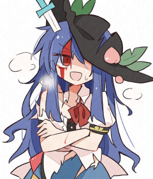 1girl :d apron black_hat bleeding blood blood_from_forehead blue_hair blue_skirt bow bowtie breath collarbone collared_shirt commentary_request cowboy_shot crossed_arms cuts hat highres hinanawi_tenshi injury knife_in_head long_hair minoru_minoru object_through_head one_eye_covered open_mouth peach_hat_ornament puffy_short_sleeves puffy_sleeves red_bow red_bowtie red_eyes shirt short_sleeves simple_background skirt smile solo sweatdrop torn_clothes torn_hat touhou white_apron white_background white_shirt