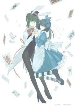 Rule 34 | 1boy, 2girls, absurdres, alice's adventures in wonderland, alice (alice in wonderland), alice (alice in wonderland) (cosplay), apron, black eyes, black hair, blue eyes, blunt bangs, blush, bow, brown hair, brown pantyhose, card, clown nose, copyright name, cosplay, english text, fate/grand order, fate (series), frown, full body, hair bow, hat, high collar, high heels, highres, interlocked fingers, jumping, kuonji alice, long hair, long sleeves, looking at viewer, maid, maid apron, mini hat, mini top hat, multiple girls, pantyhose, playboy bunny, playing card, ponytail, red bow, short hair, shrug (clothing), sidelocks, socks, striped clothes, striped socks, top hat, white bow, white shrug, yuishironeko