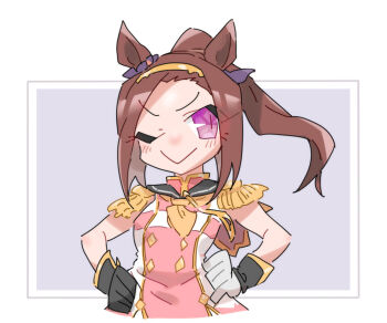 1girl ;&gt; asymmetrical_gloves beer_hsk black_gloves breasts brown_hair cropped_torso dress epaulettes gloves grey_background hands_on_own_hips high_ponytail long_hair mismatched_gloves neckerchief one_eye_closed pink_dress ponytail purple_eyes sakura_bakushin_o_(blossom_in_learning)_(umamusume) sakura_bakushin_o_(umamusume) sleeveless sleeveless_dress small_breasts solo two-tone_background umamusume upper_body white_background white_gloves yellow_neckerchief