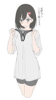 1girl black_hair black_panties black_shorts blue_eyes blush breasts closed_mouth commentary_request hair_between_eyes hair_ornament hairclip highres holding holding_panties holding_underwear holding_unworn_clothes kureha_(ironika) mold_camelot original panties shirt short_hair shorts simple_background solo underwear white_background white_shirt