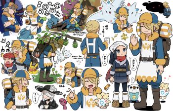 Rule 34 | !?, +++, ..., 2boys, 2girls, ?, akari (pokemon), backpack, bag, black hat, blonde hair, boots, bottle, branch, brown boots, budew, burmy, burmy (plant), closed eyes, cogita (pokemon), commentary request, cup, enamorus, flower, galaxy expedition team survey corps uniform, gen 1 pokemon, gen 2 pokemon, gen 4 pokemon, gen 5 pokemon, gible, ginkgo guild uniform, giratina, giratina (origin), hair over one eye, hat, hat flower, headscarf, heart, highres, holding, holding cup, holding pokemon, index finger raised, legendary pokemon, long sleeves, male focus, max revive, multiple boys, multiple girls, multiple views, nintendo, open mouth, oshawott, pikachu, pokemon, pokemon (creature), pokemon legends: arceus, red hat, red scarf, rei (pokemon), revive (pokemon), riolu, scarf, shuan 0420, simple background, sleeping, sleeping upright, spiritomb, spoken ellipsis, squatting, squiggle, standing, sweat, togekiss, togepi, togetic, translation request, unown, unown !, unown a, unown d, unown e, unown l, unown m, unown o, unown u, unown v, unown w, volo (pokemon), white background, white flower, white headscarf