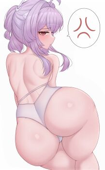 1girl anger_vein annoyed ass ass_focus bare_shoulders blush cameltoe from_behind goddess_of_victory:_nikke huge_ass leotard liberalio_(nikke) looking_at_viewer looking_back purple_hair red_eyes short_hair_with_long_locks solo spoken_anger_vein teranhonk thick_thighs thighs thong_leotard