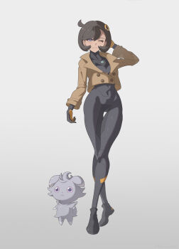 Rule 34 | 1girl, :3, arm up, black bodysuit, black gloves, black hair, bodysuit, bodysuit under clothes, breasts, brown jacket, closed mouth, commentary, covered navel, crossed legs, dark-skinned female, dark skin, emma (pokemon), espurr, full body, gen 6 pokemon, gloves, hair between eyes, hair ornament, highres, jacket, latex, latex bodysuit, long sleeves, looking at viewer, medium breasts, mega stone, nintendo, one eye closed, open clothes, open jacket, orange gloves, pokemon, pokemon (creature), pokemon legends: z-a, purple eyes, revision, shoes, short hair, sidelocks, simple background, smile, standing, swept bangs, thorn (kmconceptart), two-tone gloves, watson cross