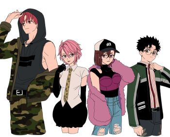 Rule 34 | 2boys, 2girls, ayase momo, baseball cap, belt, belt buckle, black gloves, black hair, black hoodie, black shirt, black skirt, blue pants, breasts, brown eyes, brown hair, buckle, camouflage, camouflage jacket, camouflage pants, closed mouth, collared shirt, commentary request, cowboy shot, crossed bangs, dandadan, denim, earrings, elbow gloves, enjoji jin, fur jacket, glasses, gloves, hair between eyes, hat, heart, heart earrings, hood, hoodie, jacket, jeans, jewelry, korean commentary, medium breasts, multiple boys, multiple girls, necktie, open clothes, open jacket, pants, parted lips, pink hair, pink jacket, red hair, rotomem, round eyewear, shiratori aira (dandadan), shirt, short hair, short sleeves, single bare shoulder, skirt, sleeveless, sleeveless hoodie, takakura ken (dandadan), tongue, tongue out, torn clothes, torn pants, white background