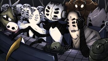 6+girls arthropod_girl black_eyes black_skin blank_eyes bug colored_skin crest_(hollow_knight) eva_(hollow_knight) extra_eyes first_sinner_(hollow_knight) fourth_chorus_(hollow_knight) headset highres hollow_knight hollow_knight:_silksong mask monster multiple_girls multiple_others no_humans scissors silk skelehoodie twisted_bud_(hollow_knight) weaver_(hollow_knight) white_mask widow_(hollow_knight)