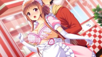 Rule 34 | 1boy, 1girl, baka moe heart ni ai wo komete!, blush, bra, breasts, brown hair, character name, cleavage, deep skin, elbow gloves, game cg, gloves, grabbing another's breast, groping, hetero, highres, large breasts, long hair, maid, mole, open mouth, polka dot, polka dot bra, praline soft, purple eyes, riv (rivleaf), takai kanae, underwear, waitress, yamanaka shoutarou