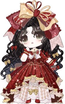 1girl absurdres argyle_bow argyle_bowtie argyle_clothes argyle_dress bare_shoulders bead_bracelet beads black_hair bow bowtie bracelet brown_eyes crimson_rhapsody_(infinity_nikki) curious deformed dress dress_bow eyelashes facepaint frilled_bow frilled_sleeves frilled_wrist_cuffs frills full_body gold_necklace gown hair_bow hair_ribbon hand_on_own_cheek hand_on_own_face highres hime_lolita infinity_nikki jewelry large_bow light_blush light_particles lolita_fashion long_dress long_hair looking_ahead multiple_hair_bows necklace nikki_(series) off-shoulder_dress off_shoulder open_mouth pleated_dress puffy_short_sleeves puffy_sleeves red_bow red_bowtie red_dress red_ribbon red_wrist_cuffs ribbon short_sleeves simple_background solo sparkle standing striped_clothes striped_dress tareme triangle_mouth two-tone_bow two-tone_ribbon vertical-striped_clothes vertical-striped_dress very_long_hair wavy_hair white_background white_bow white_bowtie wrist_cuffs yellow_bow yellow_ribbon zhizhizhizhizhizong