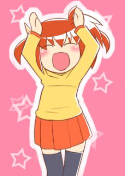 1girl animated animated_gif black_thighhighs blush brown_hair caramelldansen closed_eyes dancing female_focus hair_ribbon long_sleeves lowres lyrical_nanoha mahou_shoujo_lyrical_nanoha namuru num open_mouth parody pink_background popotan red_skirt ribbon shirt short_hair skirt smile solo star_(symbol) star_symbol_background takamachi_nanoha thighhighs twintails yellow_shirt