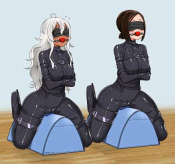 2girls absurdres ball_gag bdsm blindfold bodysuit bondage bound brown_hair commission eudetenis female_focus forced_orgasm frogtie full_body gag gagged gyaru highres lilya_(pretzelfan) long_hair multiple_girls navel riding_machine second-party_source sex_machine sex_toy simple_background straitjacket strap sybian tagme vibrator white_hair yuriko_(pretzelfan)