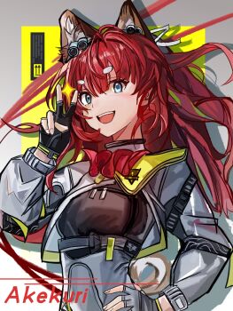 1girl :d akekuri_(arknights) animal_ear_fluff animal_ears arknights arknights:_endfield arrow_(symbol) black_gloves black_shirt blue_eyes breasts character_name commentary_request fingerless_gloves gloves grey_background hair_between_eyes hand_on_own_hip hand_up highres long_hair long_sleeves looking_at_viewer medium_breasts open_mouth puffy_long_sleeves puffy_sleeves red_hair shirt short_eyebrows smile solo sparkle thick_eyebrows upper_body user_tfzj8422 v
