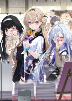 3girls :o annotated artist_self-reference black_hair black_skirt blonde_hair book book_stack bow bowtie breasts censored chisa_(wuthering_waves) comiket comiket_107 commentary_request covering_own_eyes covering_own_mouth earrings glasses grey_hair hair_between_eyes hair_ribbon hairband halo headphones headphones_around_neck highres jewelry kuramoto_beta-carotene long_hair looking_at_viewer lynae_(wuthering_waves) medium_breasts mornye_(wuthering_waves) mosaic_censoring multiple_girls necktie official_alternate_costume open_mouth pornography purple_bow purple_bowtie purple_eyes purple_necktie red-framed_eyewear red_eyes red_ribbon ribbon semi-rimless_eyewear shirt skirt star_(symbol) star_earrings triangle_earrings under-rim_eyewear white_hair white_hairband white_shirt wuthering_waves