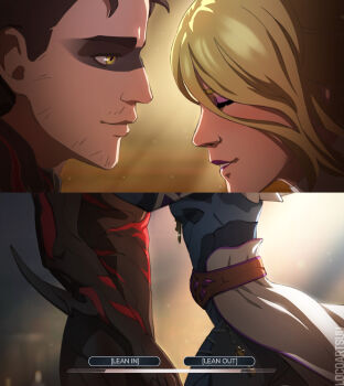 Rule 34 | 1boy, 1girl, absurdres, artist name, ass, beard, beard stubble, black bodysuit, blonde hair, bodysuit, brown hair, closed eyes, closed mouth, dispatch, english text, eyeliner, facial hair, from side, gameplay mechanics, hetero, highres, lipstick, locoartsuu, looking at another, makeup, marie leroux (warframe), operator (warframe), pink eyeliner, stubble, warframe, warframe 1999, wisp (warframe), yellow eyes