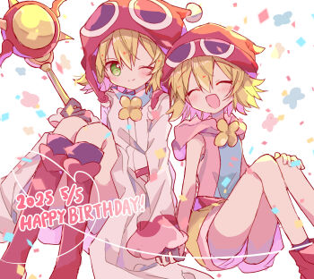 2girls :d ;) ^_^ absurdres amitie_(puyopuyo) bare_shoulders black_gloves black_socks blonde_hair blush boots closed_eyes closed_mouth coat commentary_request double-parted_bangs dual_persona feet_out_of_frame futaba969649 gloves green_eyes hair_between_eyes hand_on_own_knee hat highres holding holding_hands holding_staff hood hood_down hoodie knee_boots long_sleeves looking_at_viewer multiple_girls one_eye_closed open_mouth pink_hoodie pink_shorts puyopuyo puyopuyo_20th_anniversary red_amitie red_boots red_hat short_hair shorts simple_background sitting sleeveless sleeveless_hoodie smile socks staff white_background white_coat