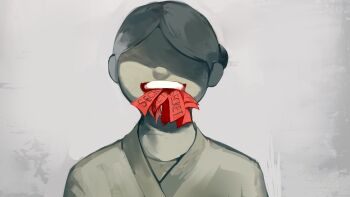 1girl angela_he facing_viewer grey_hair hair_bun highres no_eyes non-web_source official_art open_mouth partially_shaded_face robe solo surreal teeth ticket upper_body upper_teeth_only you_left_me