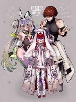 1boy 2girls absurdres animal_ears bare_shoulders belt black_eyes black_gloves black_one-piece_swimsuit black_shirt blush breasts chain cleavage cuffs curled_horns detached_collar detached_sleeves dragon_horns dragon_tail dress elbow_gloves elizabeth_bathory_(avenger)_(fate) elizabeth_bathory_(fate) eyewear_on_head fake_animal_ears fate/grand_order fate_(series) fishnet_pantyhose fishnets full_body gloves grey_eyes grey_hair hair_between_eyes hair_ornament hair_ribbon hair_rings hairclip harada_sanosuke_(fate) highleg highleg_one-piece_swimsuit highres horns huyan_zhuo_(fate) huyan_zhuo_(swimsuit_berserker)_(fate) iron_maiden large_breasts long_hair long_sleeves looking_at_viewer low_twintails multiple_girls necktie noa_pisces one-piece_swimsuit open_mouth pants pantyhose red_hair ribbon shackles shirt short_hair sleeveless sleeveless_shirt small_breasts smile sunglasses swimsuit tail thigh_strap thighhighs twintails two_side_up veil very_long_hair white_dress white_pants white_thighhighs