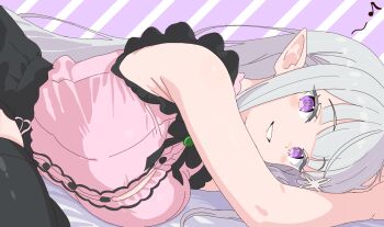 Rule 34 | 1girl, alternate costume, bare arms, black skirt, black thighhighs, blunt bangs, blush, breasts, button gap, cleavage, commentary request, elf, emilia (re:zero), frills, gem, green gem, grey hair, hair ornament, highres, large breasts, long hair, looking at viewer, lying, musical note, on side, pink shirt, pointy ears, purple eyes, re:zero kara hajimeru isekai seikatsu, remnia, shirt, skirt, sleeveless, sleeveless shirt, smile, solo, spoken musical note, striped background, thighhighs, x hair ornament
