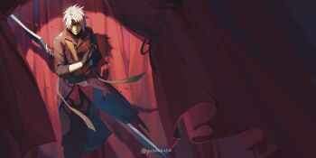 1boy absurdres black_gloves black_headband bowing closed_eyes coat commentary_request crow_armbrust curtains double_blade eiyuu_densetsu floating_clothes flower gloves headband highres holding holding_flower holding_weapon long_sleeves male_focus mullet pants parted_bangs sen_no_kiseki sen_no_kiseki_(series) sen_no_kiseki_ii short_hair solo spider_lily spotlight stage stage_curtains stage_lights twitter_username upper_body weapon white_hair yusaazusa