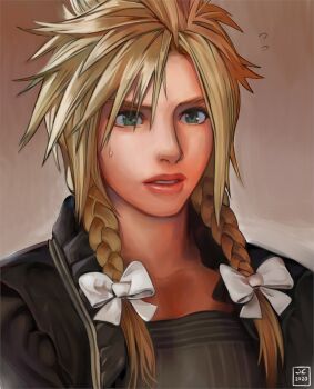 1boy blonde_hair blue_eyes bow braid cloud_strife cloud_strife_(black_dress) crossdressing crossdressing_(mtf) final_fantasy final_fantasy_vii final_fantasy_vii_remake hair_bow official_alternate_costume overlord_jc parted_lips solo spiked_hair sweatdrop trap twin_braids white_bow