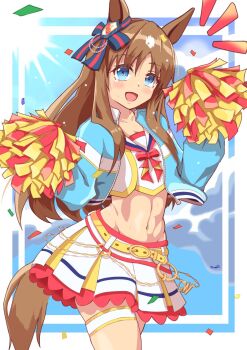 1girl alternate_costume animal_ears belt blue_eyes blue_jacket blue_sky blush bow breasts brown_hair cheerleader cloud cosplay crop_top ear_bow ear_ornament ear_ribbon genkai_made_pom_pon!! grass_wonder_(umamusume) highres holding holding_pom_poms horse_ears horse_girl horse_tail jacket jewelry long_hair long_sleeves looking_at_viewer midriff mokichi3356 multicolored_hair navel nice_nature_(run&amp;win)_(umamusume) nice_nature_(umamusume) nice_nature_(umamusume)_(cosplay) open_mouth pom_pom_(cheerleading) pom_poms shirt skirt sky smile solo tail thighlet umamusume white_hair white_skirt yellow_belt