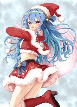 1girl blue_eyes blue_hair boots breasts capelet commentary_request fur-trimmed_capelet fur-trimmed_shirt fur-trimmed_skirt fur_trim hat high_heel_boots high_heels highres holding holding_sack hololive hoshimachi_suisei long_hair looking_at_viewer pink_streaks red_boots red_shirt red_skirt sack santa_costume santa_hat sasai_tuki shirt skirt small_breasts smile solo star_(symbol) star_in_eye symbol_in_eye very_long_hair virtual_youtuber