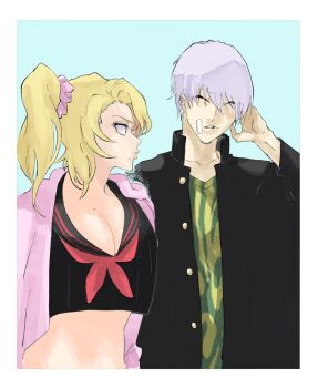1boy 1girl april_fools bandaid bandaid_on_face black_jacket black_sailor_collar black_shirt bleach blonde_hair blue_background blue_eyes border breasts cardigan cleavage closed_eyes cropped_shirt delinquent eyelashes facing_viewer gakuran green_shirt grey_hair gyaru hair_between_eyes hand_up hashtag-only_commentary highres ichimaru_gin jacket large_breasts lips long_hair looking_at_another matsumoto_rangiku mitu_hide43 mole mole_on_breast mole_under_mouth neckerchief open_cardigan open_clothes open_jacket parted_lips pink_cardigan pink_scrunchie ponytail profile red_neckerchief sailor_collar school_uniform scrunchie serafuku shirt short_hair simple_background upper_body v-shaped_eyebrows white_border