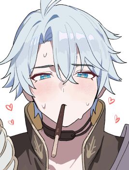 1boy antenna_hair armor black_shirt blue_eyes closed_mouth collared_shirt commentary eyelashes food food_in_mouth hazozoyaku heart highres honkai:_star_rail honkai_(series) looking_at_viewer male_focus nervous_sweating pauldrons phainon_(honkai:_star_rail) pocky pocky_in_mouth popped_collar shirt short_hair shoulder_armor simple_background solo sweat symbol-only_commentary white_background white_hair