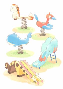 commentary_request gen_1_pokemon gen_2_pokemon gen_3_pokemon girafarig grass handle hitofutarai nintendo objectification phanpy playground pokemon ponyta porygon2 slide spring_(object) spring_rider wailord white_background
