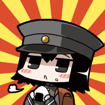 1girl akitsu_maru_(kancolle) backpack bag black_eyes black_hair black_hat blush chibi chibi_only commentary food food_on_face gloves grey_hat hair_between_eyes hat holding holding_food jacket kantai_collection long_sleeves military_hat military_uniform onigiri peaked_cap rice rice_on_face short_hair solo sunburst sunburst_background two-tone_background upper_body white_gloves yagumo_kengou