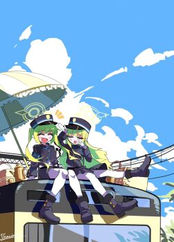 2girls beach_umbrella black_boots black_jacket black_skirt blue_archive blue_sky boots closed_eyes cloud fang highres hikari_(blue_archive) jacket laughing multiple_girls nozomi_(blue_archive) open_mouth outdoors pantyhose signature sitting skin_fang skirt sky train umbrella uracine_(zakozako1919) white_pantyhose