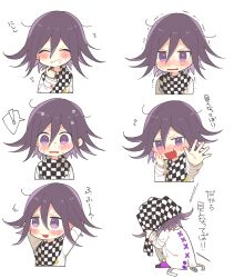Rule 34 | !, 1boy, ^ ^, arm belt, arms behind head, belt, black scarf, buttons, checkered clothes, checkered scarf, chibi, closed eyes, commentary request, cross-laced jacket, danganronpa (series), danganronpa v3: killing harmony, embarrassed, fang, flying sweatdrops, from behind, grin, hair between eyes, hand on own cheek, hand on own chin, hand on own face, highres, holding, holding clothes, holding scarf, jacket, looking to the side, loose hair strand, male focus, medium hair, motion lines, multiple belts, multiple views, nervous smile, nervous sweating, oma kokichi, open belt, outstretched hand, palms, pants, purple footwear, purple hair, scarf, shoes, simple background, skin fang, sleeves past wrists, smile, spoken exclamation mark, sweat, thigh belt, thigh strap, translation request, trembling, two-tone scarf, v-shaped eyebrows, wavy mouth, white background, white belt, white jacket, white pants, white scarf, white sleeves, yomoda (7taizai7bitoku)