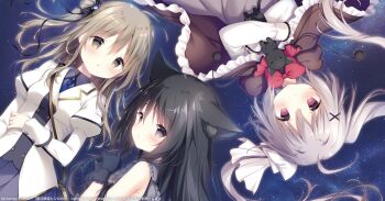 3girls :o animal animal_hug bare_shoulders black_cat black_dress black_gloves black_hair blue_necktie blue_skirt blush bow brown_cloak brown_eyes brown_hair cat cloak closed_mouth commentary_request dress frilled_cloak gloves grey_eyes grey_hair grey_shirt hair_bow hair_bun hair_ornament hoshizora_tetsudou_to_shiro_no_tabi jacket juliet_sleeves karuha_(hoshishiro) long_sleeves looking_at_viewer lying multiple_girls necktie neri_(hoshishiro) noir_(hoshishiro) official_art on_back one_side_up parted_lips pleated_skirt puffy_long_sleeves puffy_sleeves red_bow red_eyes shiratama_(shiratamaco) shirt single_side_bun skirt sleeveless sleeveless_dress sleeves_past_wrists smile space star_(sky) twintails upside-down white_bow white_jacket white_shirt x_hair_ornament