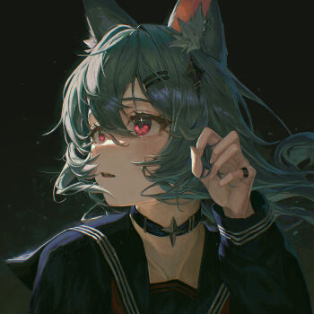 1girl absurdres animal_ear_fluff animal_ears backlighting black_choker cat_ears cat_girl choker commentary_request dark_background drawer_bushi_huajia earrings fang grey_hair hair_between_eyes hair_ornament hairclip hand_up highres jewelry long_hair looking_to_the_side original parallel_hairclips parted_lips portrait red_eyes ring school_uniform serafuku star_(symbol) star_choker