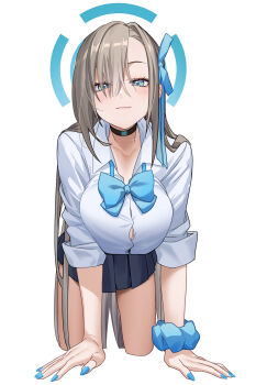 1girl all_fours asuna_(blue_archive) asuna_(school_uniform)_(blue_archive) black_choker black_skirt blue_archive blue_bow blue_bowtie blue_eyes blue_halo blue_nails blue_ribbon blue_scrunchie bow bowtie breasts brown_hair button_gap choker commentary_request hair_over_one_eye hair_ribbon halo highres large_breasts long_hair looking_at_viewer loose_bowtie noho_(yp6166) pleated_skirt ribbon school_uniform scrunchie shirt simple_background skirt sleeves_rolled_up smile solo white_background white_shirt wrist_scrunchie