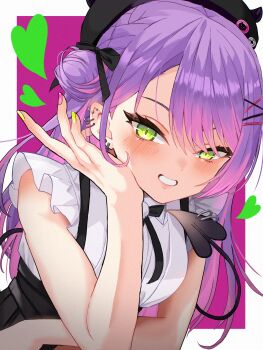 1girl absurdres beret black_hat black_skirt blush closed_mouth commentary_request demon_girl demon_tail hair_ornament hairpin hat heart highres hololive looking_at_viewer multicolored_nails official_alternate_costume pink_nails remynoue shirt skirt sleeveless sleeveless_shirt smile solo suspender_skirt suspenders tail tokoyami_towa tokoyami_towa_(jirai_kei) virtual_youtuber white_shirt x_hair_ornament yellow_nails